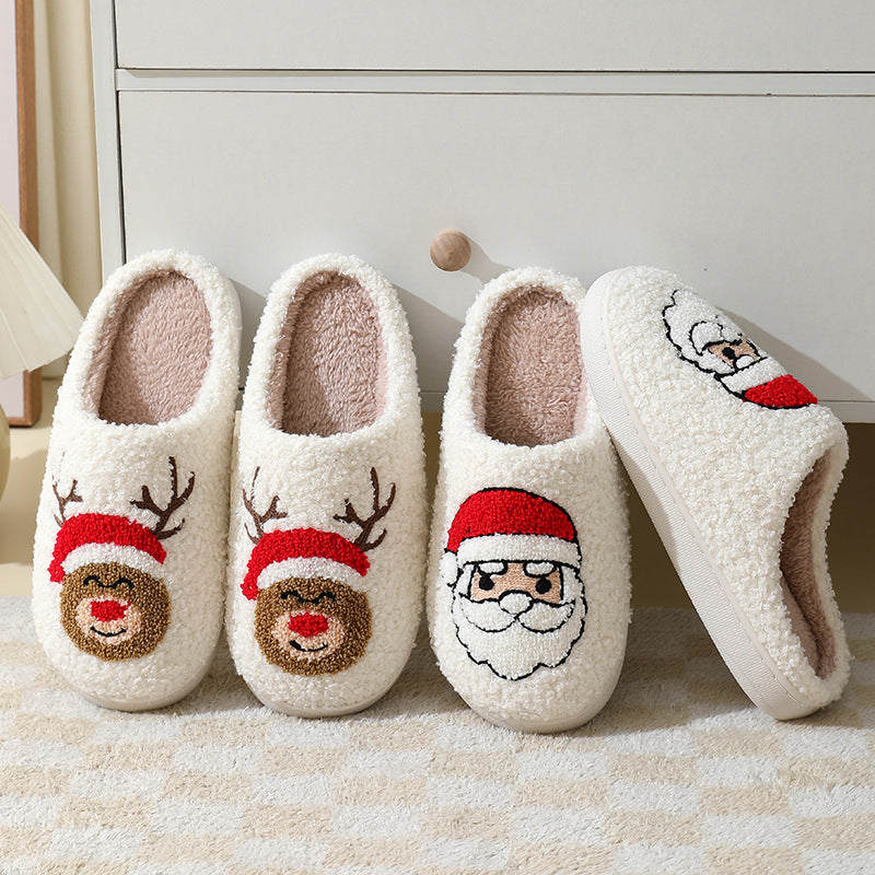 Weihnachtshaus-Hausschuhe Niedliche Cartoon-Weihnachtsmann-Baumwoll-Hausschuhe für Frauen und Männer Paare Winter warme pelzigen Schuhe